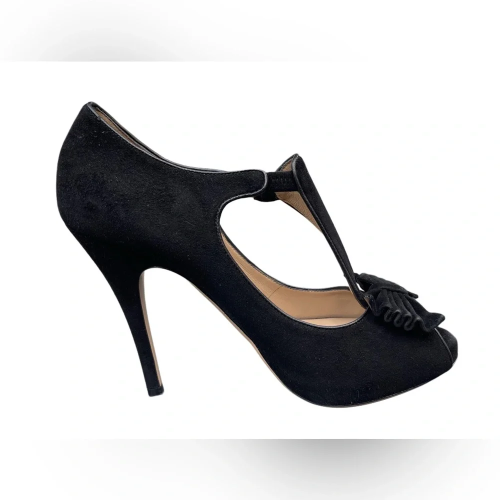 ❌SOLD❌Valentino Garavani Black Suede Peep-Toe Stiletto Platform Pumps - Picture 3 of 17